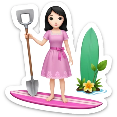 Princess who wearing dress (woman) black hair holding her cellphone and a garden shovel with another hand. She is standing on her feet, there is one pink surfing board. sticker