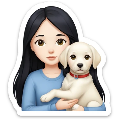 A beautiful girl with long black hair and fair skin is holding a white Labrador sticker