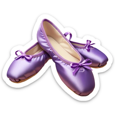 cinematic-realistic-ballet-shoes,-soft-satin-purple-pointe-shoes-with-delicate-ribbons,-resting-gently-on-a-polished-wooden-floor,-subtle-creases-in-the-fabric,-glowing-under-the-warm-golden-light-of-a-rehearsal-studio,-evoking-ele sticker