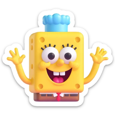 Spongebob Squarepants with rounded features, blowing a kiss, 3D emoji style sticker