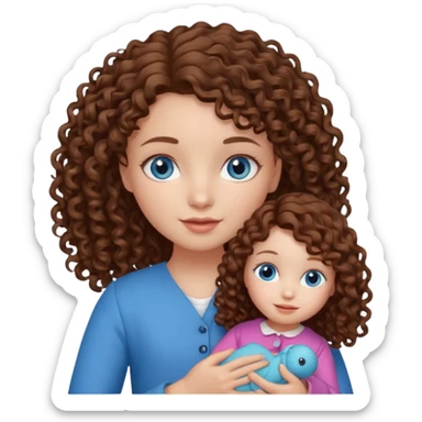 Una niña con ojos celestes y pelo rizado con piel blanca y con una muñeca  sticker