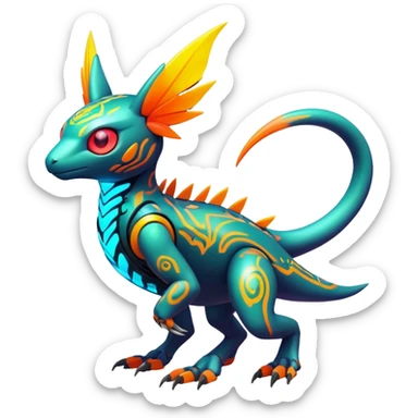 Tropical futuristic lush warm-colored modern colorful neon-colored cyber-Fakémon-Digimon-Trico-creature sticker