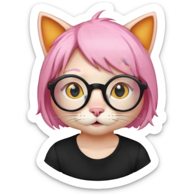 Orange Yellow cat wearing a little pink hair wig, black circle glasses, white T-shirt sticker