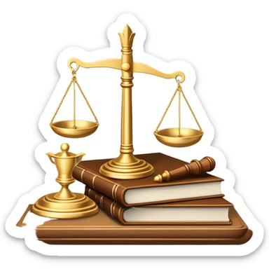 An icon featuring scales of justice, a gavel, and a legal book, symbolizing the study of law. The design includes courthouse pillars in the background, representing authority and legal systems. Transparent background highlights the principles of justice, order, and legal education. sticker