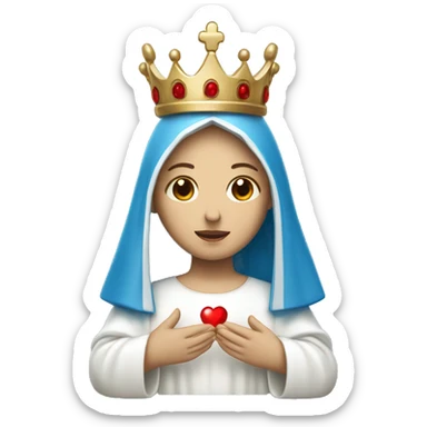 blessed virgin mary with a crown, with blue veil, with white clothes, with white skin, holding a red heart in her hands sticker