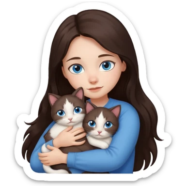 a girl with long dark 
brown hair, with blue eyes, hugs 3 different natural coloured small cats sticker