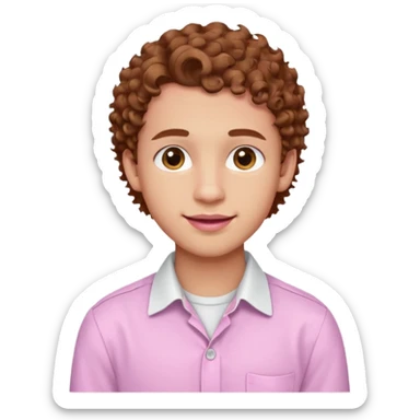 emoji of a young man with light skin, big brown eyes, soft smile with braces, full pink lips, curly hair, warm gaze, wearing a white buttoned-up shirt sticker