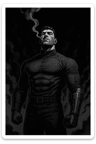 Black and white comic book panel of an extremely muscular Italian man with cybernetic implants standing in the dark, surrounded by smoke. He is wearing a long-sleeved shirt with a high collar, and his chest is sculpted. sticker