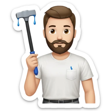  guy who looks very handsome, he has a beard, wears a white tee shirt with drops of paint on it and holds a black screwdriver in one hand and a black hammer in the other  sticker