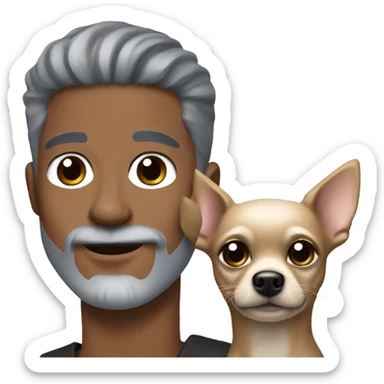 Handsome man, with blue eyes, grey hair, and grey goatee beard, holding a long haired black chihuahua sticker