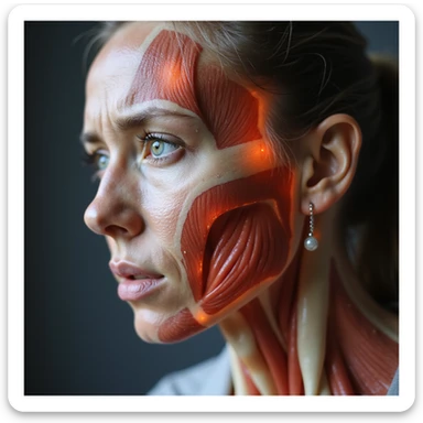 realistic anatomical close-up of a woman's head showing muscles and pain areas highlighted, suffering expression, white background sticker