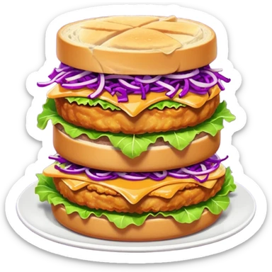 Spicy stacked chicken sandwich — two thick golden toast slices, a crispy breaded chicken fillet, green lettuce, and purple cabbage slaw, with glossy dark sauce dripping down the sides. sticker