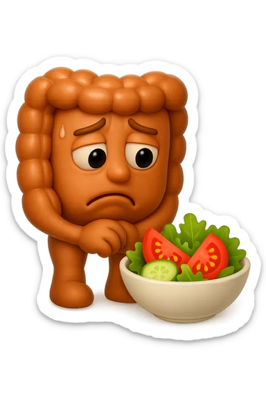 EMOJI STILE IPHONE DI UN INTESTINO UMANO ANATOMICO CHE GUARDA UN INSALATA CON ESPRESSIONE TRISTE E RASSEGNATA IN VOLTO: SOFFRE LA FAME PERCHé è A DIETA, FAGLI ANCHE LA PARTE BIANCA DEGLI OCCHI, NON SOLO LE PUPILLE, IPERREALISTICO 4K sticker