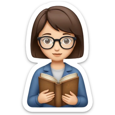 girl with short brown hair, wearing glasses and holding a book sticker