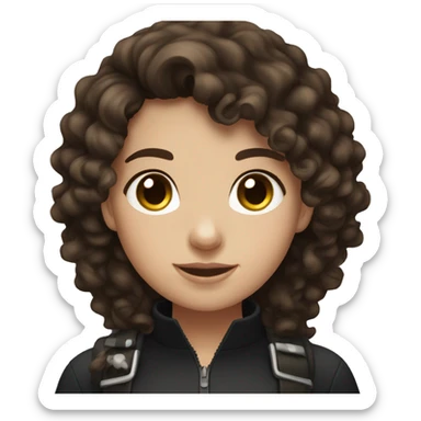Brunette curly hair, white  equestrian girl with brown eyes standing next to a black horse sticker