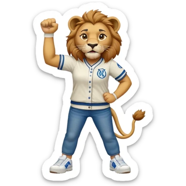 friendly anthropomorphised female lion wearing baseball shirt, jeans, trainers, standing upright with one fist raised, angry expression, no sunglasses sticker