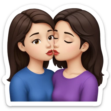 A girl kisses her friend The girls' hair color is dark brown.  sticker