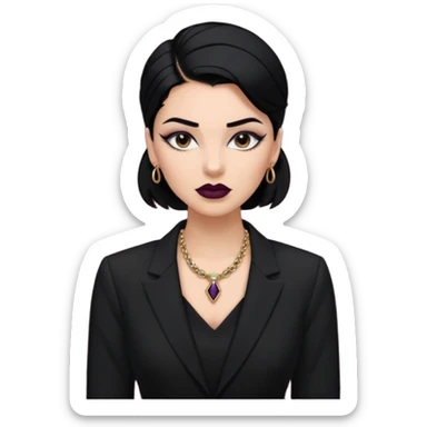 “Emoji girl, sculpted contour, bold dark lipstick, defined brows, sharp eyeliner, sleek black hair updo, statement necklace, black blazer.” sticker