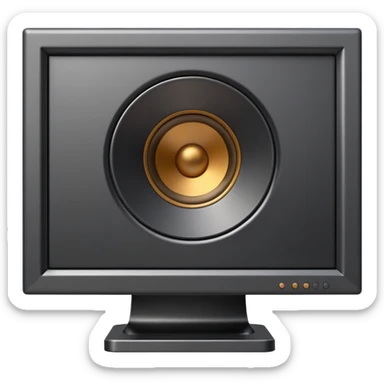 Minimal emoji icon of a modern metallic studio monitor, front view, detailed geometry, dark metallic body, subtle highlights, isolated sticker