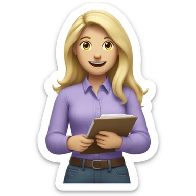 White woman with long blonde hair, wearing a lavender shirt, holding a completed to do list, celebrating  sticker