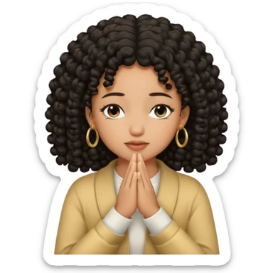 brown girl praying black curly hair and black eyes closed with gold hoop earrings sticker