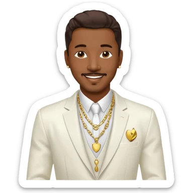 Ralph Tresvant with dark brown hair, white suit jacket, shirtless with necklace sticker