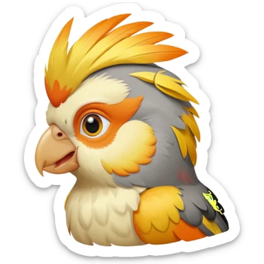 cockatiel in iOS emoji style, head tilted playfully, with a bright yellow crest and orange cheeks sticker