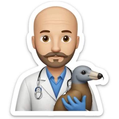 A bald veterinarian with a beard and mustache holding an anteater sticker