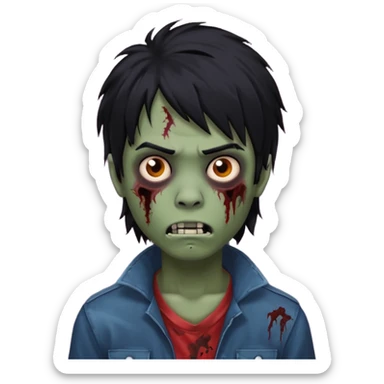 Boy, zombie, black hair, medium long, mullet, emo, shaggy, dark, spooky, black background, creepy expression emoji  sticker
