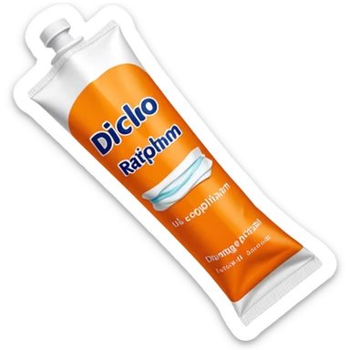 an empty, oversized and totally squeezed out tube of toothpaste labelled "Diclo ratiopharm". It is squeezed out and totally crumpled, flattened. Basic color is orange yellowish. sticker
