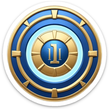 Futuristic achievement medal badge, circular shield emblem with engraved Roman numeral I and subtle “12M” detail, metallic gold and deep blue glow, sci-fi web3 game UI style, polished 3D game asset, soft energy aura, dark background, centered composition, high detail sticker