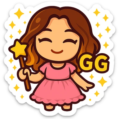Update this chibi emote to remove the headband and change the outfit to a cute pink dress with frills, keep the 'GG' sign sticker