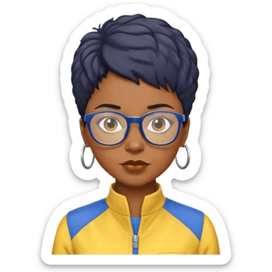 stern Black woman with short textured hair, glasses, wearing blue and yellow jumpsuit, front-facing sticker