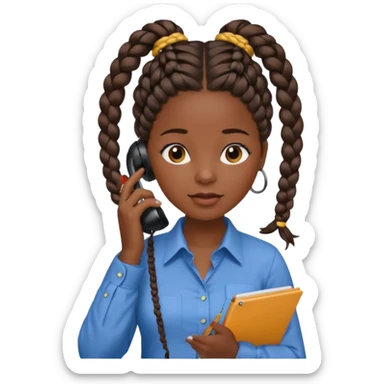 black girl on the phone with a notepad in colored formal shirt and braids sticker
