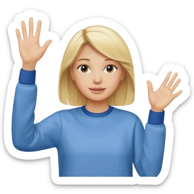 blonde woman with bun in casual clothes and sweat shirt waving sticker