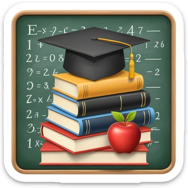 An icon featuring a chalkboard with educational equations, an apple, and a pencil, symbolizing pedagogy. The design includes a stack of books and a graduation cap, representing teaching and learning. Transparent background highlights the dedication to education and mentorship. sticker