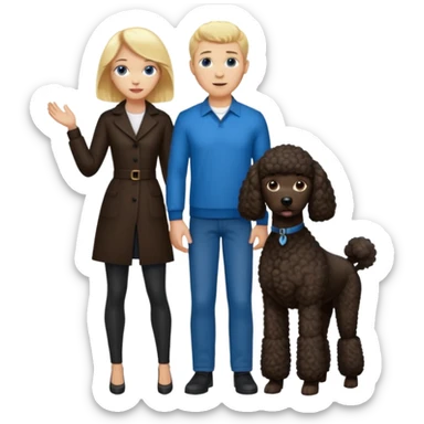 Create an emoticon depicting two people. One person is a tall man with blonde hair and blue eyes. The other is a shorter woman with dark brown hair, brown eyes, and brown skin. Between them, there is a large black poodle standing. sticker