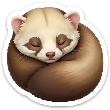 Meme-Worthy Cute Sleeping sable ferret Portrait Emoji, Head resting peacefully with a contented smile, showcasing a long, flexible body curled up in cozy repose, luxuriously soft fur in warm brown and cream, and eyes gently closed in serene slumber, Simplified yet hilariously adorable features, highly detailed, glowing with a soft, drowsy natural light, high shine, relaxed and utterly lovable, stylized with an air of playful laziness, bright and heartwarming, soft glowing outline, capturing the essence of a sleeping sable ferret that feels destined to become the next viral sensation of adorable rest! sticker