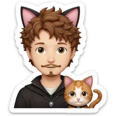 white boy with cat tail with goatee hair and cat ears with brown hair and anime features woth curly hair  sticker