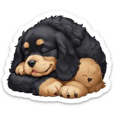 Cinematic Meme-Worthy Chubby Sleeping Black Cocker Spaniel Portrait Emoji, Head resting peacefully with a contented smile, showcasing a delightfully chubby build and a luxuriously soft black coat with gentle tan markings, eyes shut in a serene nap, Simplified yet hilariously adorable features, highly detailed, glowing with a soft, drowsy light, high shine, relaxed and utterly lovable, stylized with an air of playful laziness, bright and heartwarming, soft glowing outline, capturing the essence of a comically sleepy companion, so meme-worthy it feels like it could instantly become the next viral sensation of adorable slumber! sticker