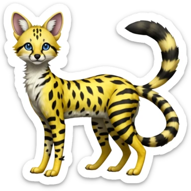 Lanky slender beautiful elegant spotted hype-realistic, black-maned, vibrant yellow Genet-Serval-Sergal-Margay-Fox-fusion-hybrid-furry-fursona, full body, with a long puffy fluffy black-and-white-striped tail, with natural blue eyes sticker