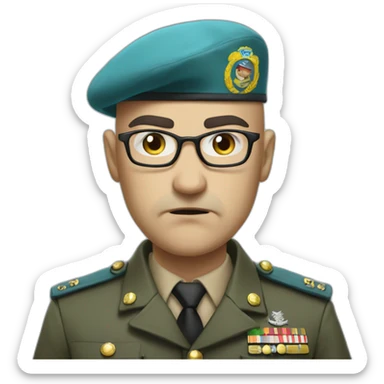Realistic cyan beret bald very furious general with glasses no hair furious very angry frown with khaki uniform sticker