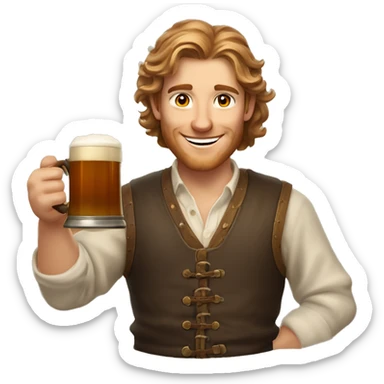 Medieval-style friendly bartender with light brown wavy hair and warm amber eyes, holding a wooden mug of ale, smiling cheerfully, welcoming gesture sticker