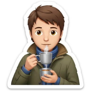A gentle-looking man with messy hair and layered torn jackets, warming his hands over a small tin cup of hot drink.
 sticker