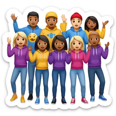 winners’ podium with multi-racial people middle step higher no numbers fun colorful clothes like jeans t-shirts and hoodies excited fun expressive emoji style sticker
