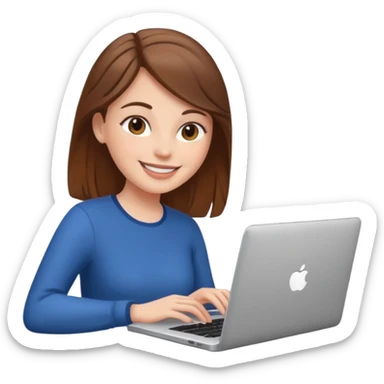white girl with brown hair using a laptop, smiling sticker