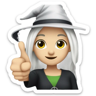 Young witch with white hair and cap, white skin, green eyes, thumbs up   sticker
