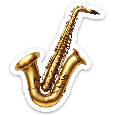 Cinematic Realistic Saxophone, smooth, curving golden brass body, intricate keywork reflecting soft warm light, rich patina adding character, glowing with a jazzy and atmospheric presence. sticker