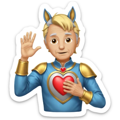 An elderly man with golden skin, his body shining like polished metal, wearing a horse cosplay costume with horse ears and a tail. He is making a heart shape with his hands and blushing slightly, showing a shy and embarrassed expression. sticker