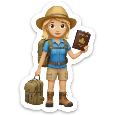 blonde haired Traveler character with passport, backpacker,  sticker
